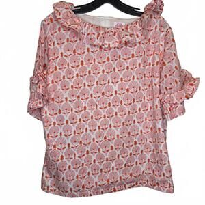 Elizabeth Wilson Orange Cotton Blouse Ruffle Sleeve Size Large High Neck Preppy
